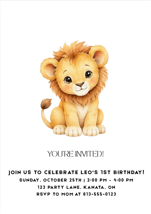 Editable Watercolor Lion Kids Birthday Invitation Template